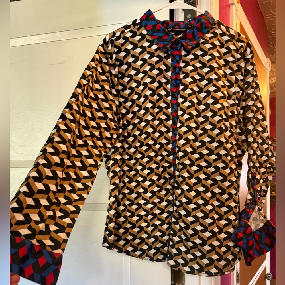 New York & Company Geometric Print Blouse in Black, Blue, Red & Tan